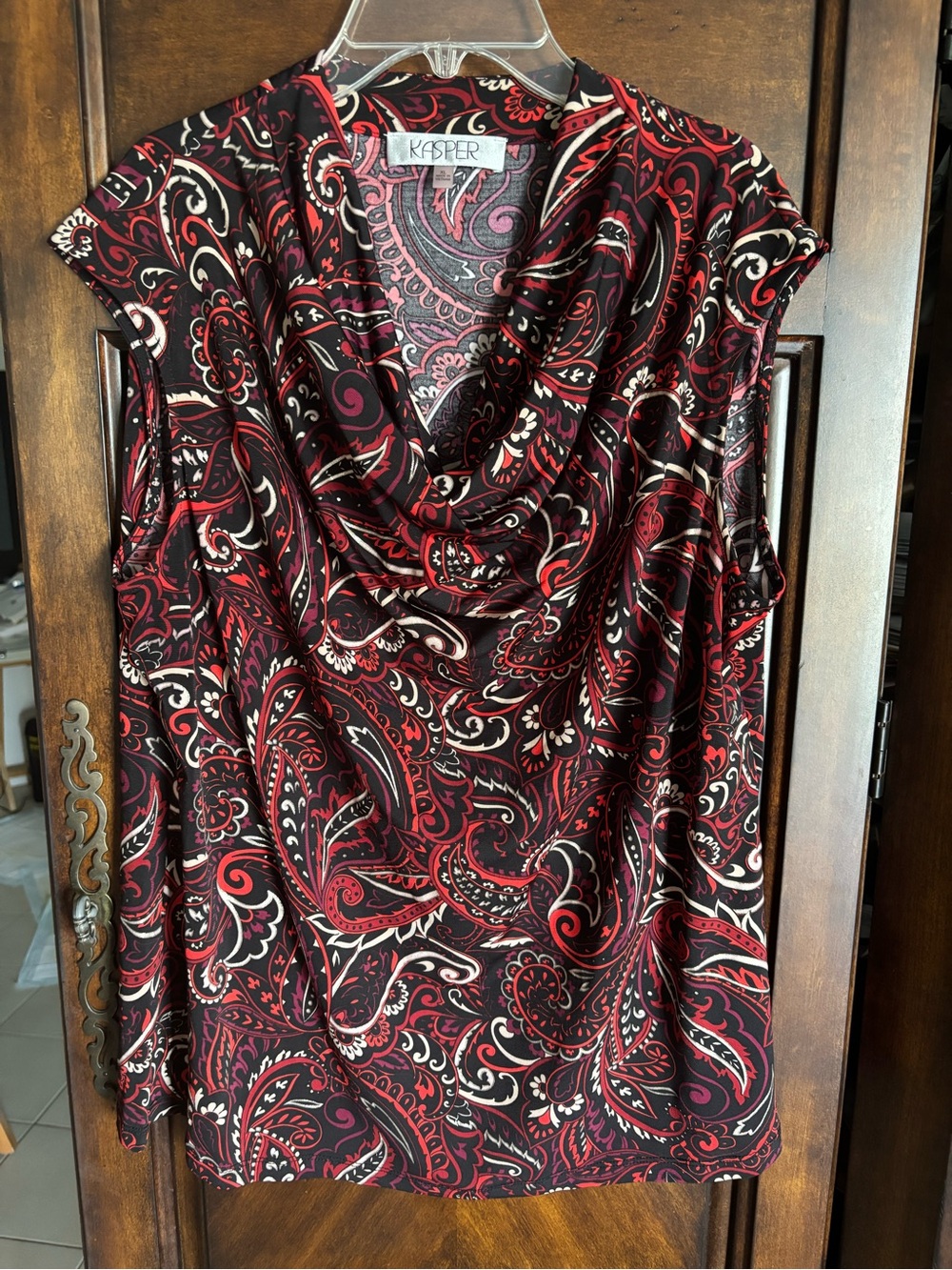 Kasper Red and Black Paisley Cowl Neck Camisole